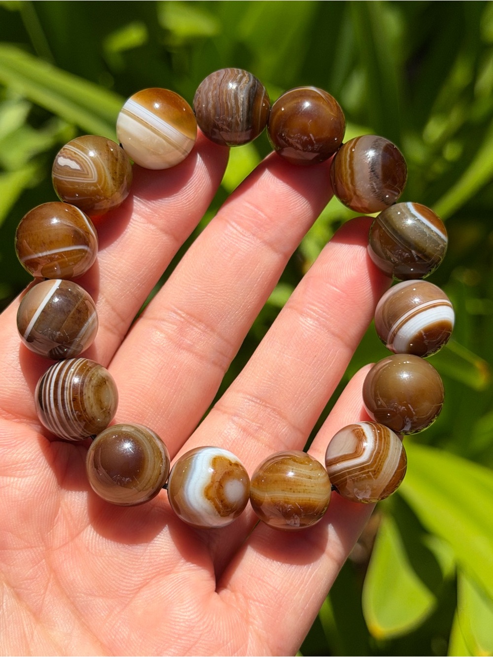 14mm stretchable natural Brown Banded Agate‎ bracelet 1630